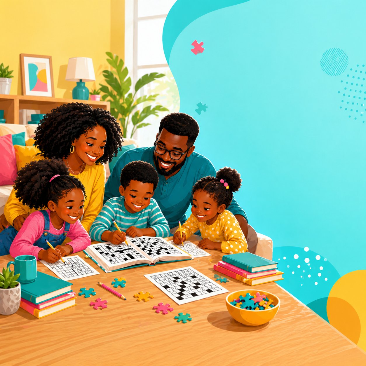 A mother, father and three children solving a crossword together at the kitchen table