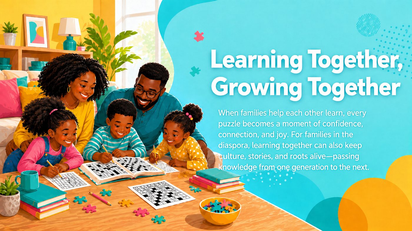 Example placement: a family solving puzzles together with the headline Learning Together, Growing Together